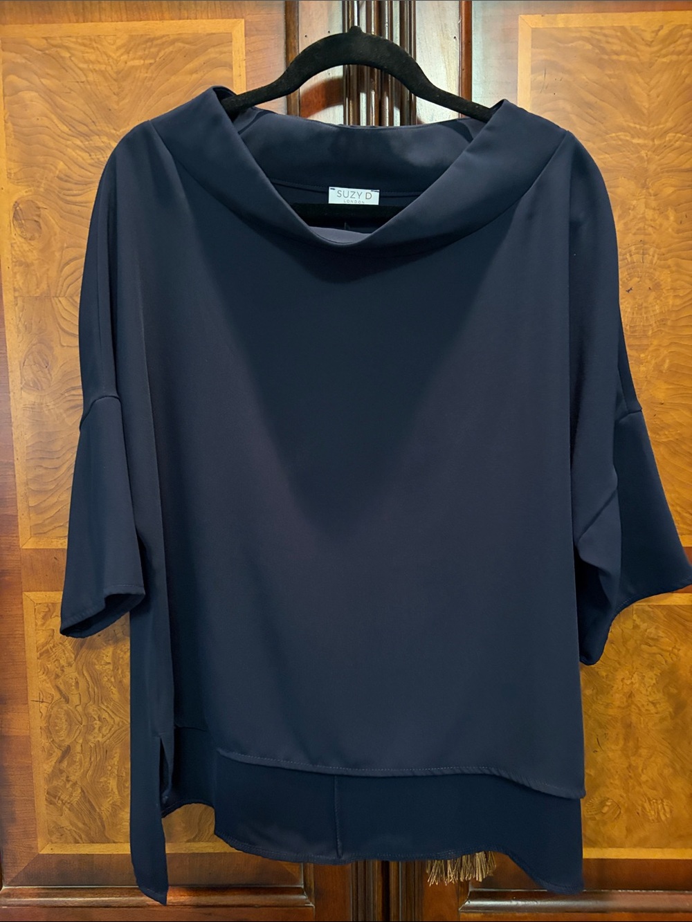 Suzy D Navy Relaxed Cowl-Neck Short Sleeve Blouse